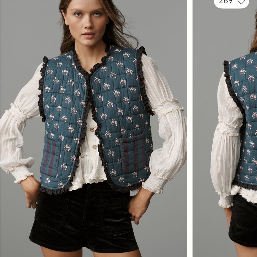 Anthropologie Blue Floral Quilted Vest